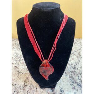 Murano Style Red Glass Pendant Necklace Flame Teardrop Art Ribbon Boho Jewelry